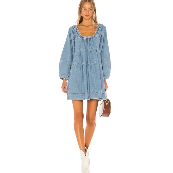 Free People Denim Babydoll Dress Women XS Light Blue Square Neck Balloon Sleeves - Picture 15 of 16